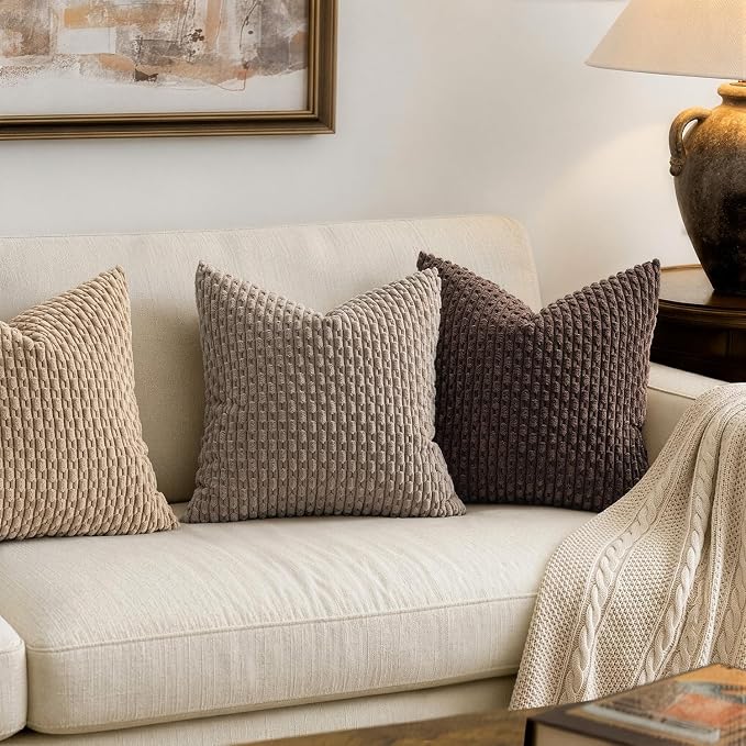 MIULEE Decorative Throw Pillow Covers 16x16 Neutral Brown Textured Corduroy | Pack of 2 Striped Pillow Covers Modern Farmhouse Fall Home Decor for Couch Bed Sofa Living Room