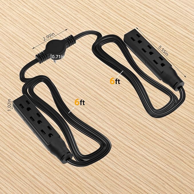 STARELO Twin Extension Cord With 6 3-Prong Receptacles, 12FT Flat Plug, 6FT Long on Each Side, for Behind Beds, Sofas, Dressers, Furniture (Black)