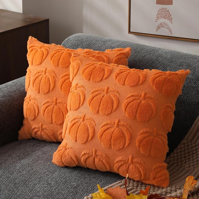 DFXSZ Fall Pillow Covers 18x18 2Pcs Orange Pumpkin Fall Decoration for Home | Fall decor Set of 2 Throw Pillow Cases Soft Plush Faux Fur Wool Couch Cushion for Chair Sofa Bedroom Living Room Home Decor