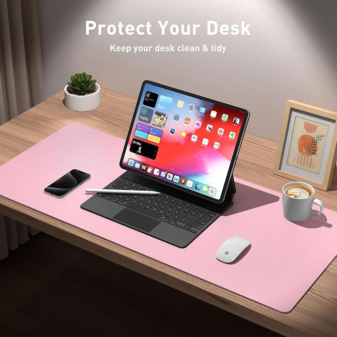 Aothia Leather Desk Pad Protector, Mouse Pad, Office Desk Mat, Non-Slip PU Leather Desk Blotter, Laptop Desk Pad, Waterproof Desk Writing Pad for Office and Home (31.5" x 15.7", Fairy Pink)