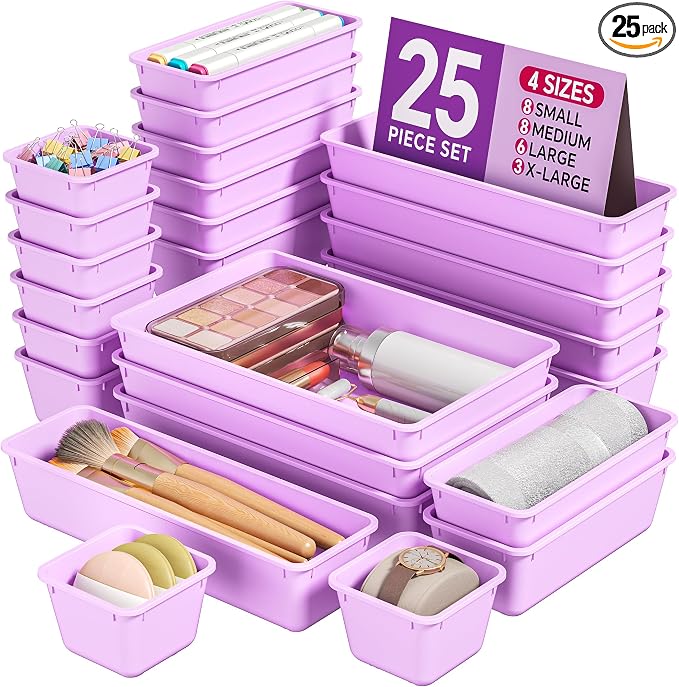 KEMETHY 25 PCS Plastic Drawer Organizers Set, 4 Sizes Vanity Organizer, Makeup and Desk Drawer Organizer Trays, Organization and Storage for Makeup, Bathroom, Kitchen Utensils and Office (Purple)