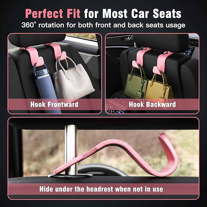 Amooca 4-Pack Car Headrest Hooks –Holds 55lbs Vehicle Storage Organizer Hanger for Purses Handbags Groceries Backpack Coats 360° Rotating Pink