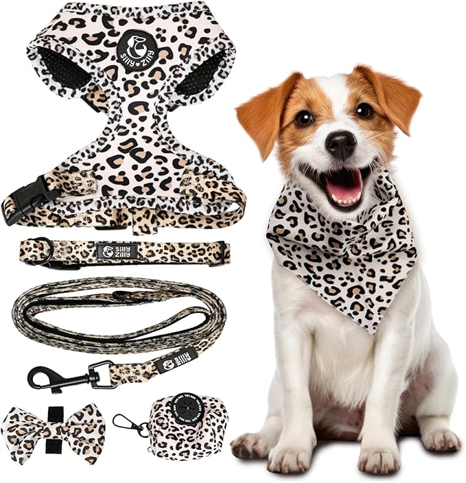 No Pull Harness and Leash Set - 6-in-1 Adjustable Vest Harness and Collars for Medium and Large Dogs. (Leopard, Large)