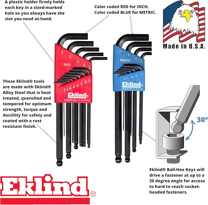Eklind 13222 Ball-Hex L-Key allen wrench Combo- Inch / MM (2 sets 22pc), 22-piece set