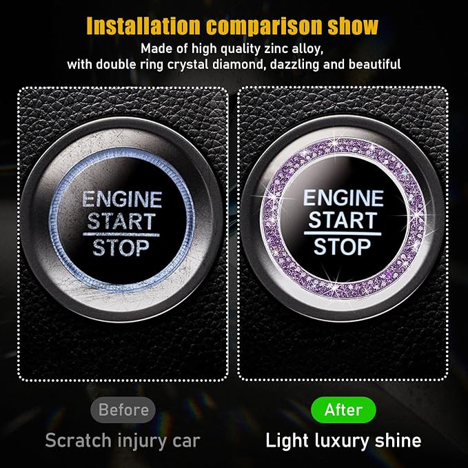 Kewucn Bling Crystal Double Rhinestone Car Engine Start Decoration Ring, Sparkling Push Start Button Sticker, Key Ignition & Knob Ring Decoration, Bling Car Interior Accessory(Purple)