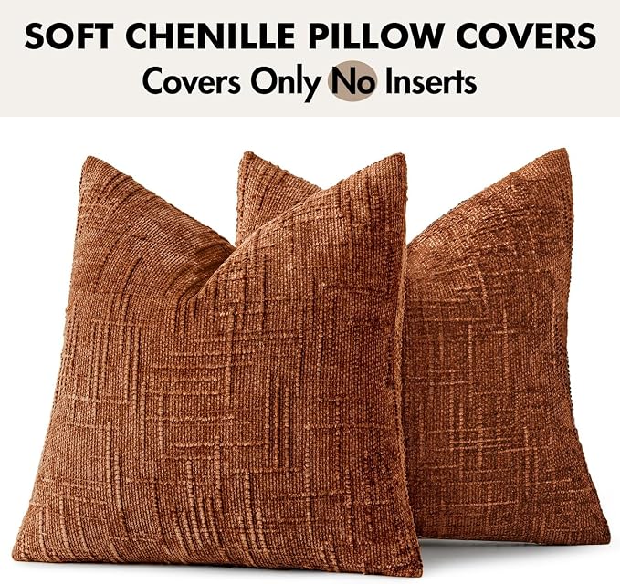 MIULEE Chenille Textured Fall Throw Pillow Covers Burnt Orange 20x20 | Set of 2, Slubby Decorative Pillows, Boho Farmhouse Home Decor, Modern Neutral Cushion Covers for Couch Sofa Bed Living Room