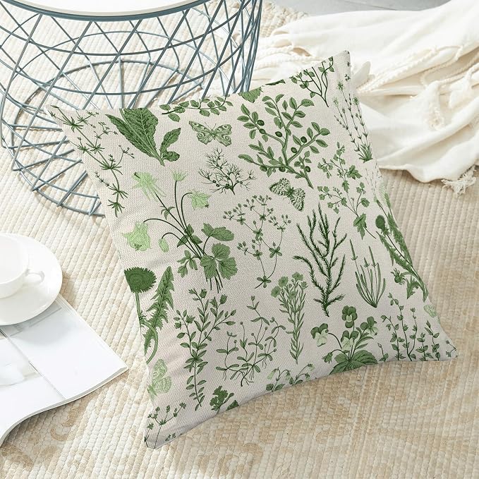 AEIOAE Summer Pillow Covers 20x20 Inch Set of 2,Olive Green Wild Flower Plant Throw Pillows Case,Seasonal Floral Outdoor Decorative Square Linen Farmhouse Decor Cushion Covers for Home Sofa Bed Couch