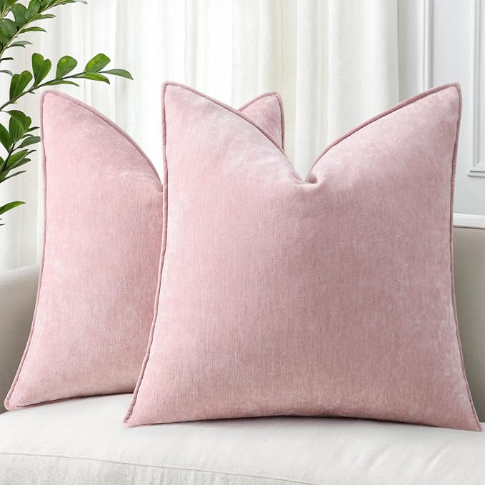 decorUhome Chenille Blush Pink Velvet Throw Pillow Covers 16x16 Set of 2 | Fall Soft Couch Decorative Modern Farmhouse Pillow Cases with Elegant Design for Sofa Bed Living Room Home Decor