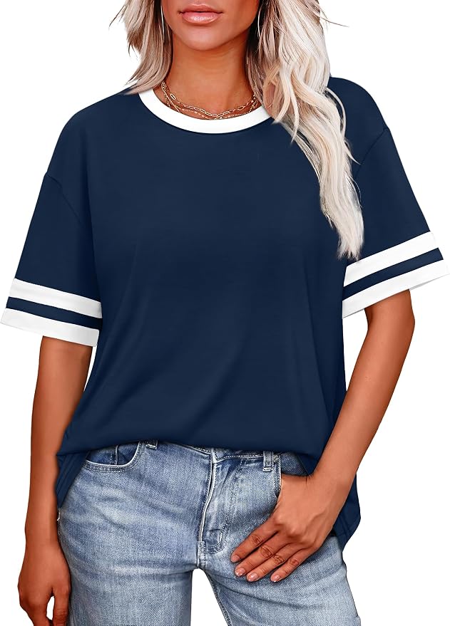 WIHOLL Womens T Shirts Loose Fit Short Sleeve Tees Crew Neck Color Block Summer Tops 2026 Fashion