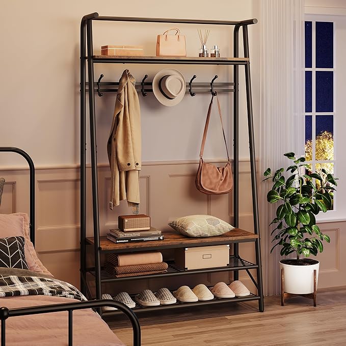 Coat Rack Hall Tree with Shoe Storage Bench, 4-in-1 Entryway Bench with 6 Hooks & 3-Tier Shoe Rack, Metal Frame for Entryways, Freestanding Coat Racks Storage for Entryway, Hallway, Front Door
