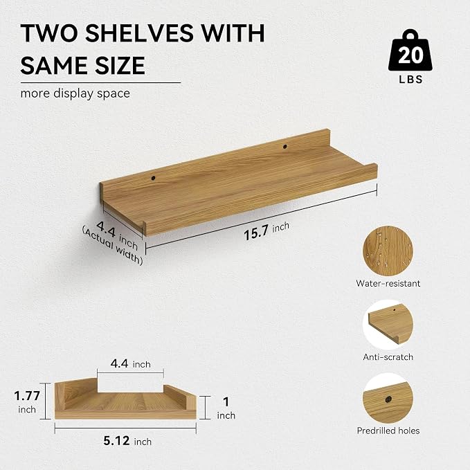 Boswillon Floating Shelves Set of 2, Small Wall Shelf with Lip, 16in, Oak | Display Ledge Shelf for Room Wall, Wall Decor Shelves for Bathroom, Living Room, Bedroom, Kitchen, Nursery Room, Rustic, Wood