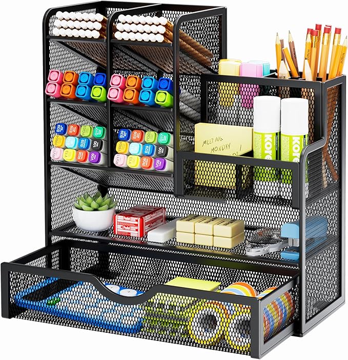 Marbrasse Mesh Pen Holder for Desk, Multi-Functional Pencil Organizer with Drawer, Desk Organizers and Accessories for Office Art Supplies (Black)