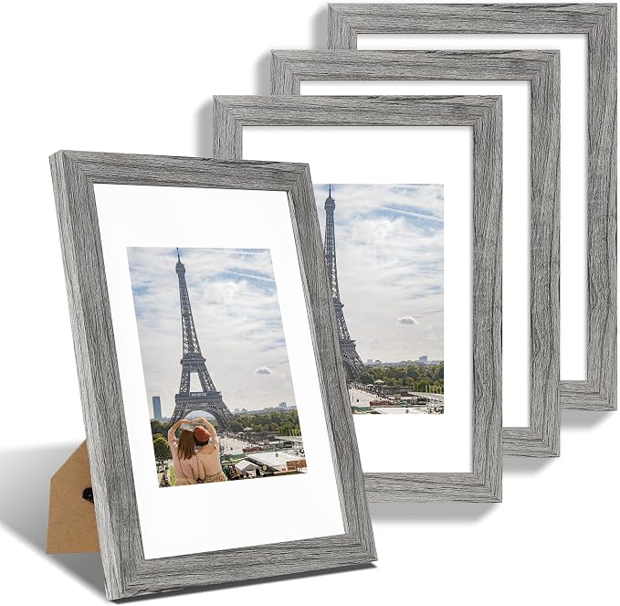 Hongkee 8x12 Picture Frame Set of 4, Made of Glass and Grey Wooden Frame - Display 6x8 Picture with Mat or 8 x 12 Poster Without Mat, 8 by 12 Photo for Wall or Tabletop