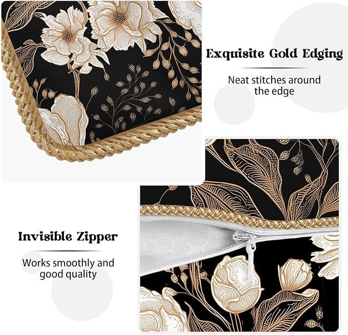 Vintage Peonies Roses Flower Velvet Pillow Covers 18x18 Inch Gold White Aesthetic Floral Leaves Throw Pillows For Couch Cushion Covers Pillowcase Farmhouse Pillow Cases for Sofa Bed Living Room