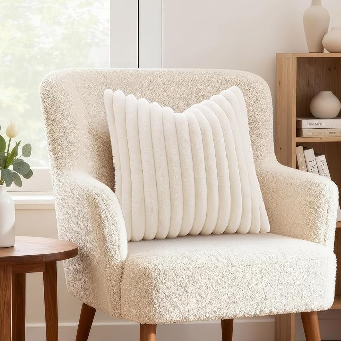 decorUhome Fall Faux Fur Throw Pillow Covers 16x16 Set of 2 Cream White | Decorative Soft Cozy Striped Plush Modern Farmhouse Boho Couch Pillow Cases Velvet Back for Sofa Bed Living Room Home Decor