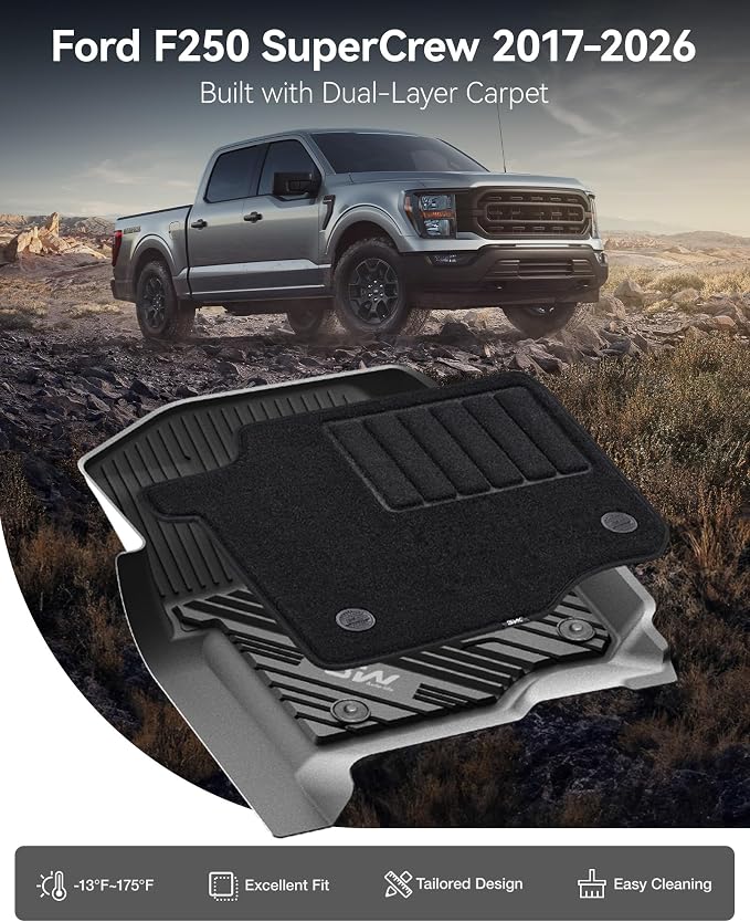3W Floor Mats & Front Carpet for Ford Super Duty Crew Cab F-250 & F-350 & F-450 & F-550 (2017-2024 2025), All-Weather Storage TPE 1st & 2nd Row Liners, Bucket Seat Compatible, Not for Vinyl Floor