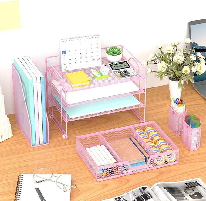 Marbrasse Desk Organizer and Accessories，4-Tier Paper Letter Tray Organizer with File Holder, Workspace Desk Organizers Accessories with Drawer and 2 Pen Holder (Pink, 15.4" x 9.1" x 8.3")