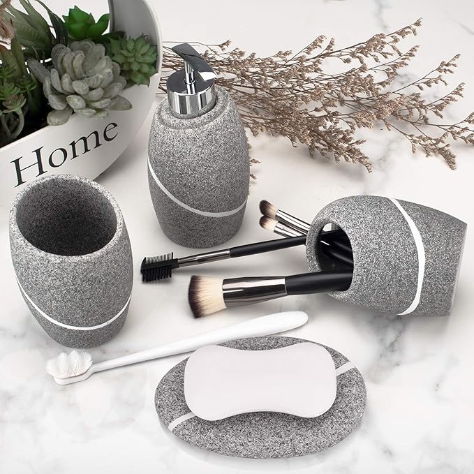 Bathroom Accessory Set,4 Pieces Bathroom Decor Accessories Complete Set Vanity Countertop Accessory Set,Includes Bathroom Soap Dispenser Set,Toothbrush Holder Set,Tumbler,Soap Dish,Grey Granite