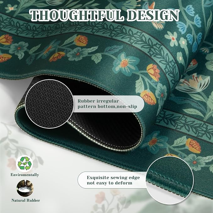 iCasso Aesthetic Flower Mouse Pad,23.6x13.7in,Deep Green | Vintage Desk Matt for Desktop, Anti-Slip Mousepad with Stitched Edges for Laptop Computer Keyboard