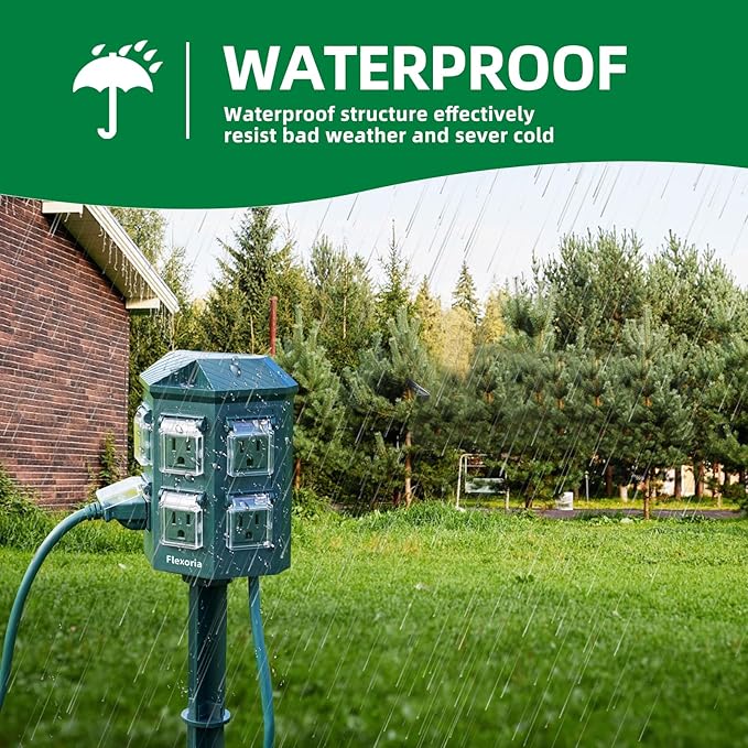 Flexora Outdoor Power Strip with 24-Hour Mechanical Timer, 50 FT Extension Cord Waterproof, 6 Grounded Outlets for Graden and Yard Decorations, ETL Listed