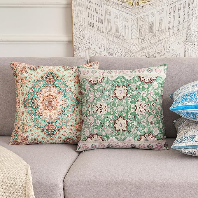 Boho Floral Throw Pillow Covers 20x20 inch Set of 2,Boho Rug Geometric Floral Pattern Decor Double Sided Pattern Cushion Cover Soft Pillow Case Living Sofa Room Bed Square Pillow Cover