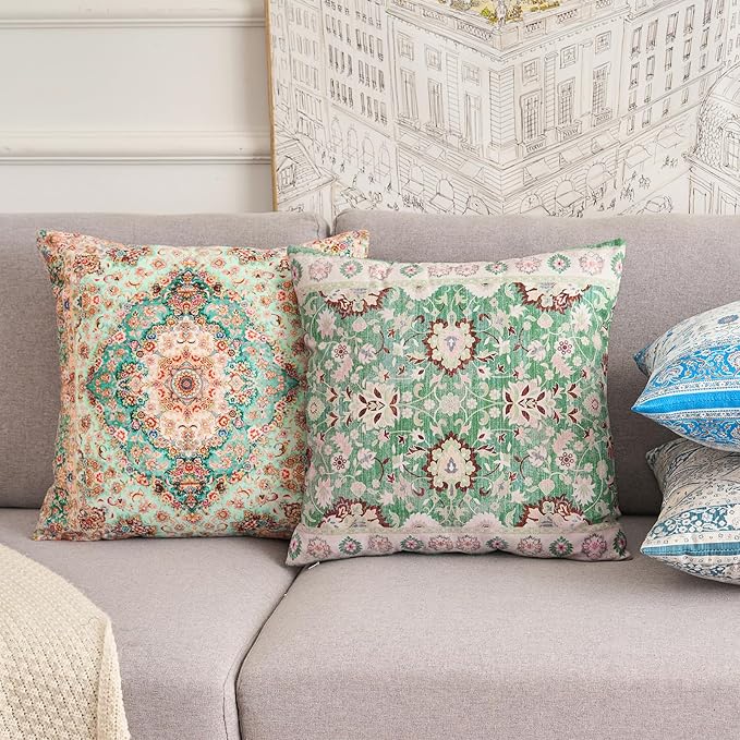 Boho Floral Throw Pillow Covers 16x16 inch Set of 2,Green Boho Rug Geometric Floral Pattern Decor Double Sided Pattern Cushion Cover Soft Pillow Case Living Sofa Room Bed Square Pillow Cover