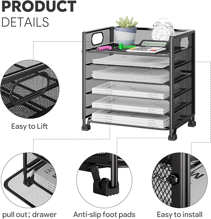 Simple Trending 6-Tier Paper Tray Organizer, File Organizer for Desk, Black | Letter Tray Holder with Handle. Sturdy Metal Frame. Non-slip Feet. Black for Office Home School. 13.35"L x 9.35"W x 15.6"H
