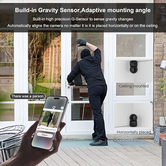Indoor Camera, 2K Cameras for Home Security with App Motion Detection Auto Tracking Alarm Live Notice Schedule Default Location, Pet Camera with Night Vision, 2.4 GHz Black