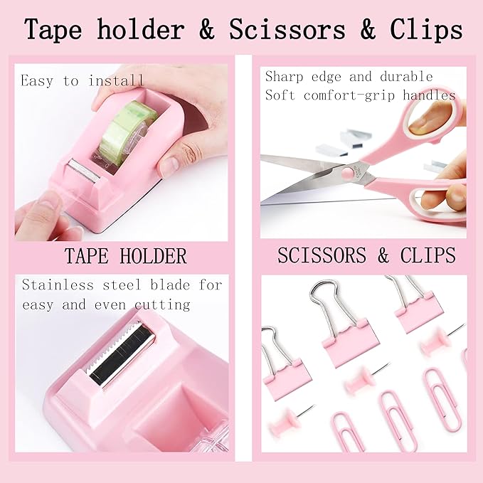 Pink Office Desk Accessories Supplies, 12pcs Desk Organizers and Accessories with Tape dispenser and Stapler,Staples,Staple Remover,Pen Holder,Scissor,Ruler,Sticky Tabs,Tape,Ballpoint Pen,Clips Set