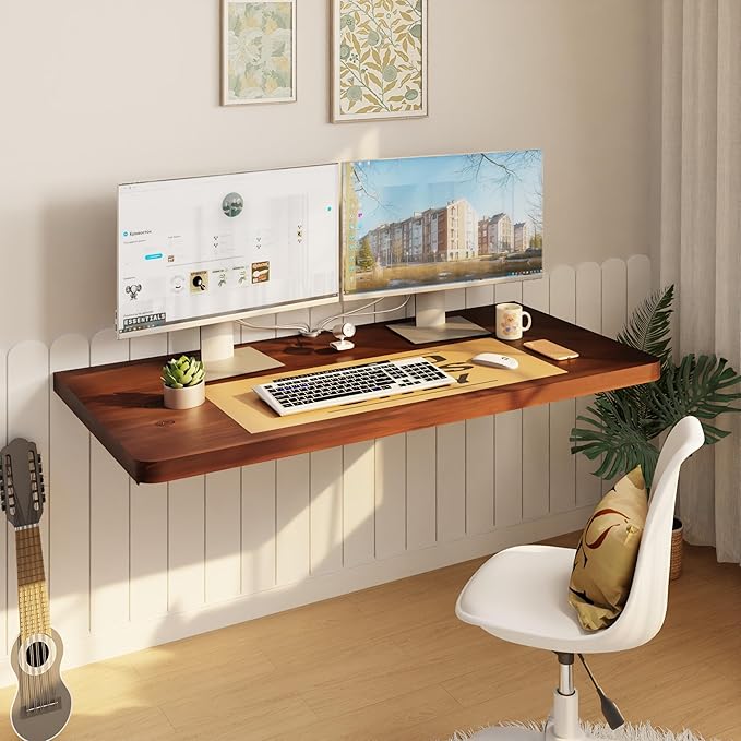IAE Floating Wall Mounted Folding Table Desk with Pine Wood,36" x 22" Folding Workbench,Fold Down wall Mounted Foldable Table with Shelf Brackets,Laundry Folding Table for Apartment,Home,Kitchen,Brown