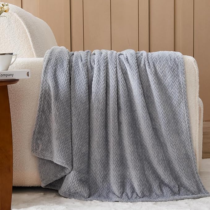 NEWCOSPLAY Fleece Leaves Pattern Throw Blanket, Grey, 50"x60" | Super Soft Throw Blanket, Lightweight Cozy Bed Sofa Blanket, Premium Silky Flannel Fleece, Travel Blanket for All Season Use