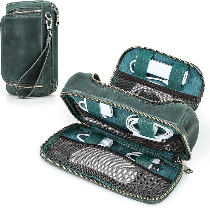 Hiram Handmade Crazy Horse Leather Tech Organizer Travel Case ��� Accessories Organiser Bag for Laptop, Tablet & Cell Phone, Double Compartment Charger Organizer Travel Case Green