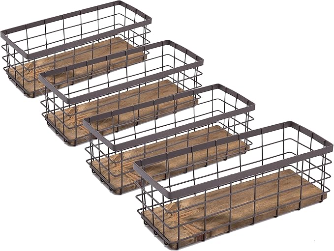 TIEYIPIN Small Metal Wire Storage Basket, Detachable Wood Base Storage Organizer Bin Basket for Kitchen Cabinets, Bathroom, Pantry, Garage, Laundry Room - Brown (4 Pack)