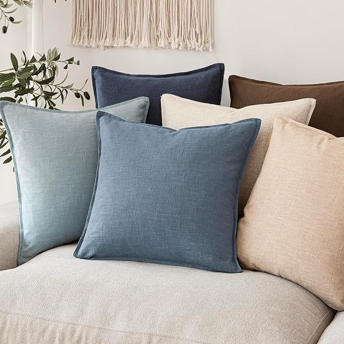 Foindtower Set of 2, Decorative Linen Solid Throw Pillow Covers Soft Accent Cushion Euro Case Boho Farmhouse Pillowcase for Chair Couch Sofa Bedroom Living Room Home Decor 16 x 16 Inch Misty Blue