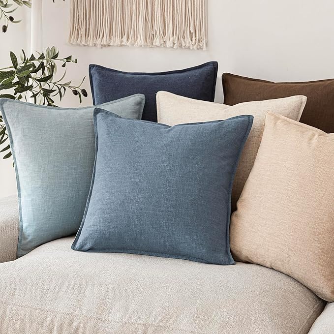 Foindtower Set of 2, Decorative Linen Solid Throw Pillow Covers Soft Accent Euro Cushion Case Boho Farmhouse Neutral Pillowcase for Couch Sofa Bedroom Living Room Home Decor 22 x 22 Inch Misty Blue