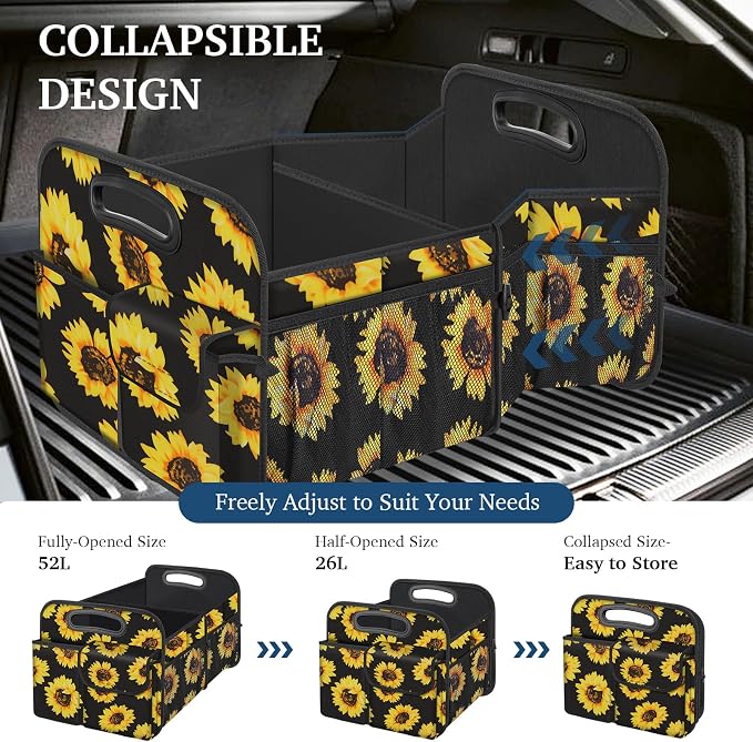 Femuar Car Trunk Organizer, Car Storage Organizer with Large Capacity Waterproof Collapsible Trunk Organizer for Car Suv/Jeep/Sedan (Sunflower, Standard)