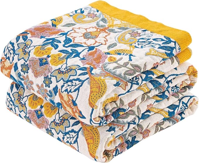 XIBLC Boho Blanket Throw Quilt, 100% Cotton Soft Light Weight Throw Blankets for Summer, 50"x60" Farmhouse Flower Decorative Blankets, All Season Rustic Reversible Bohemian Throw Quilt