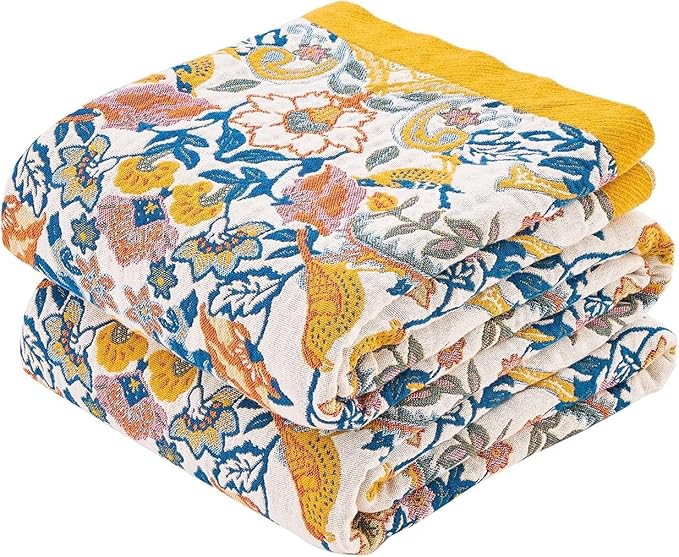 XIBLC Boho Blanket Throw Quilt, 100% Cotton Soft Light Weight Throw Blankets for Summer, 80"x90" Farmhouse Flower Decorative Blankets, All Season Rustic Reversible Bohemian Throw Quilt