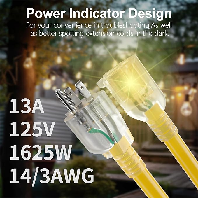 HUANCHAIN 200 ft 14/3 Gauge Heavy Duty Outdoor Extension Cord Waterproof with Lighted, Flexible Cold Weather 3 Prong Electric Cord Outside, 13A 1625W 125V 14AWG SJTW, Yellow, ETL Listed