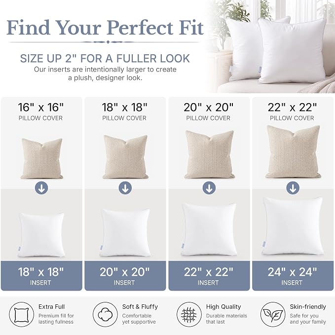 Leeden 20x20 Pillow Inserts Set of 2-20 Inch Square Decorative Pillow Insert, Soft Fluffy Throw Pillow Inserts for Sofa & Bedroom, White Cushion Insert Pair