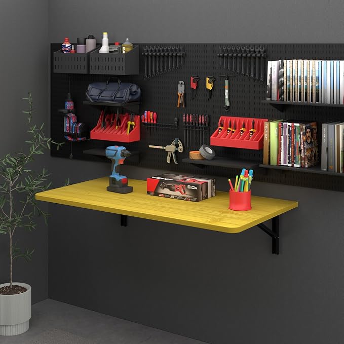IAE 36x22in Floating Fold Desk,Wall-Mounted Folding Computer Table,Natural | Study Table with Shelf Brackets,Foldable Down Shelf with Engineered Wood,Fold Computer Desk for Small Apartment,Holds 504 lb