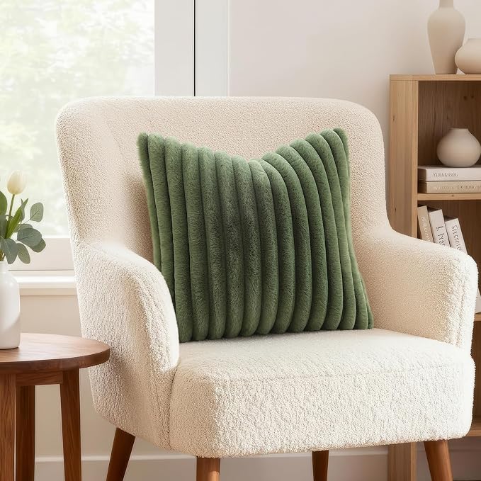 decorUhome Fall Faux Fur Throw Pillow Covers 24x24 Set of 2 Olive Green | Decorative Soft Cozy Striped Plush Modern Farmhouse Boho Couch Pillow Cases Velvet Back for Sofa Bed Living Room Home Decor
