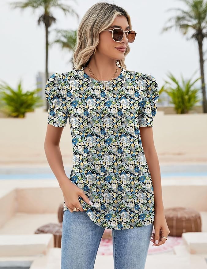 Ivicoer Puff Short Sleeve Shirt for Women Eyelet Tops Summer Crewneck Blouse Loose Fit S-XXL