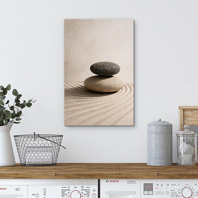wall26 Canvas Print Wall Art Balanced Zen Stones on Raked Sand Minimal Neutral Photography Realism Rustic Colorful Multicolor for Living Room, Bedroom, Bathroom - 24"x36"