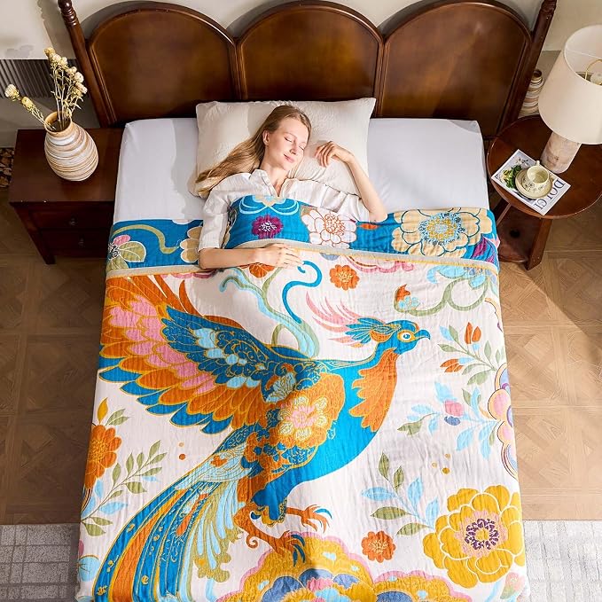 XIBLC Boho Throw Blanket, Lightweight Blankets for Summer, 100% Cotton Bohemian Decorative Throw Blanket, 80"x90" Reversible Muslin Breathable Woven Farmhouse Blankets Quilt,