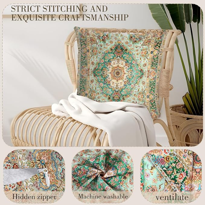 Boho Floral Throw Pillow Covers 18x18 inch Set of 2,Green Boho Rug Geometric Floral Pattern Decor Double Sided Pattern Cushion Cover Soft Pillow Case Living Sofa Room Bed Square Pillow Cover