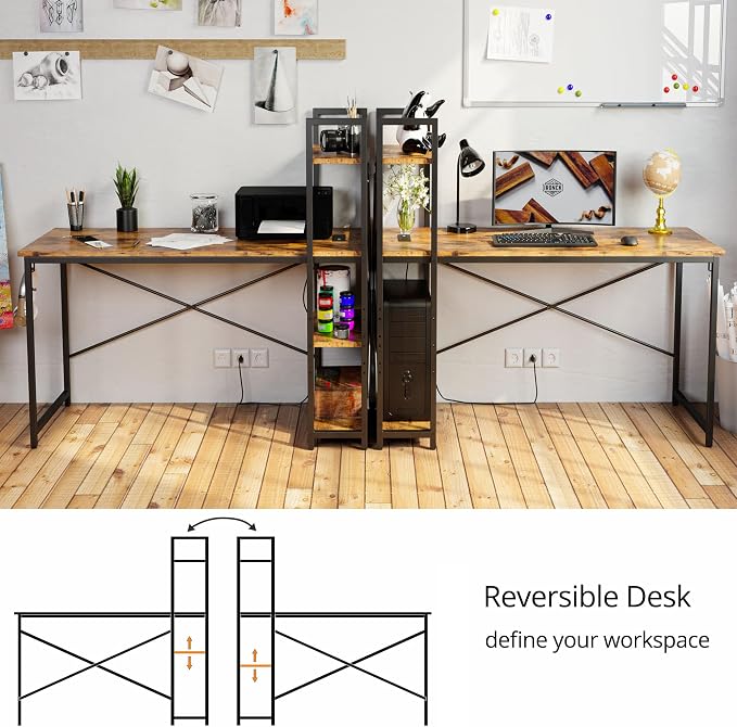 IRONCK Computer Desk 47" with Power Outlet and Storage Shelves,Rustic Brown | Study Writing Table with USB Ports Charging Station, PC Desk Workstation for Home Office