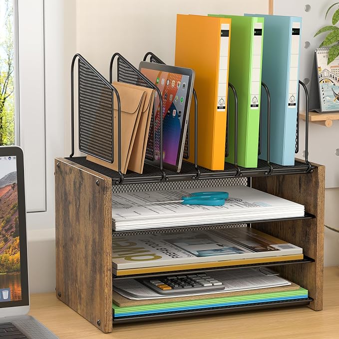 4-Tier Desk Organizer, Desk File Organizer with 5 Vertical File Holders, Office Desktop Organizer with 3 Level Paper Organizer Letter Tray, Wooden Desk Organizers and Accessories for Home Office