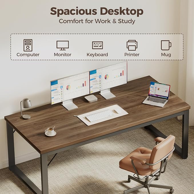 Mericonia 54 Inch Computer Desk, 1" Thick Large Office Table, Walnut | Modern Simple Style, Heavy Duty Industrial Frame, Study & Writing Table for Home Bedroom Work