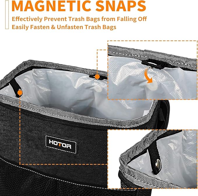 HOTOR 3 Gallons Car Trash Can, Ultra Large Capacity Organizer and Storage with Adjustable Straps & Magnetic Snaps, Waterproof Car Accessory for Interior Car Stuff Storage, Black